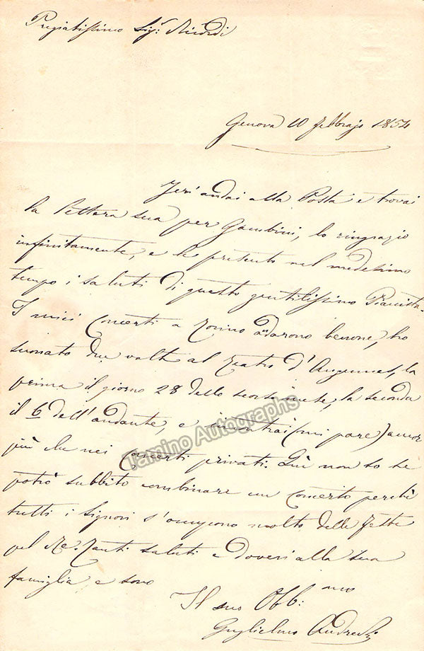 Andreoli, Guglielmo - Autograph Letter Signed 1854