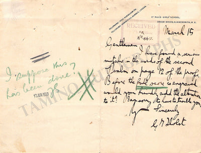 Holst, Gustav - Autograph Letter Signed 1920