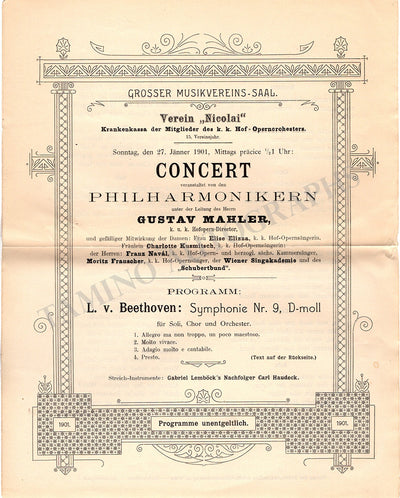 Mahler, Gustav - Concert Program Beethoven Symphony 9 1901