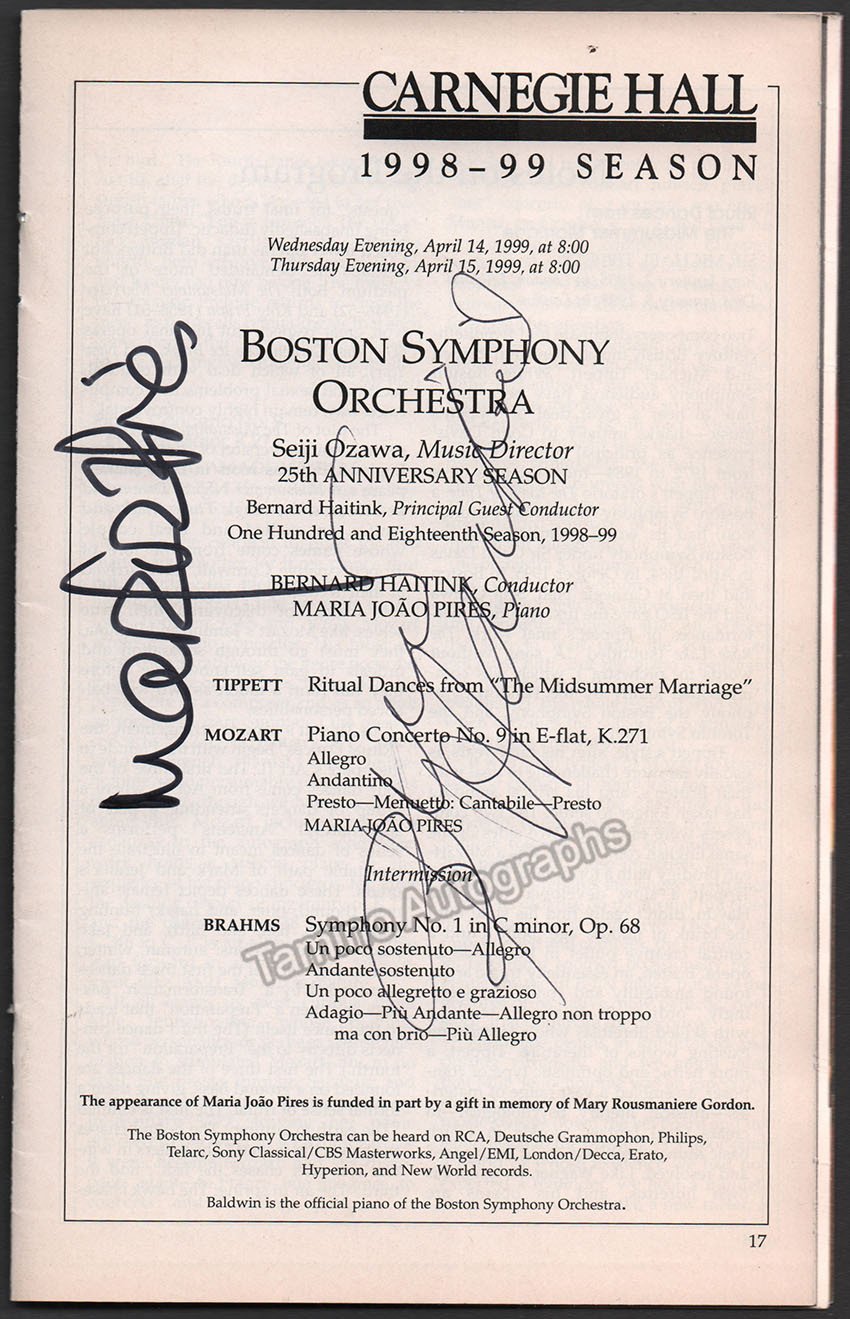 Haitink, Bernard - Pires, Maria Joao - Signed Program Carnegie Hall 1999