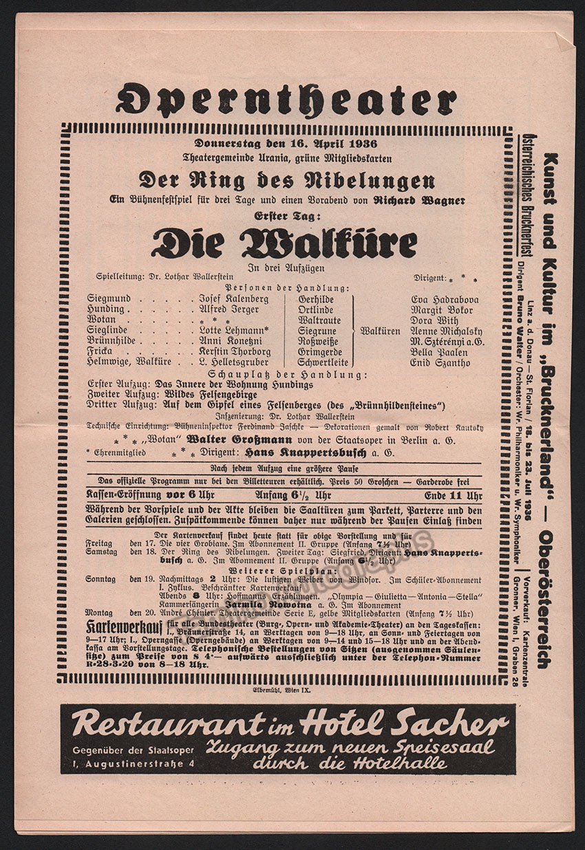 Knappertsbusch, Hans - Program Lot Vienna Opera 1936-1939 - Tamino