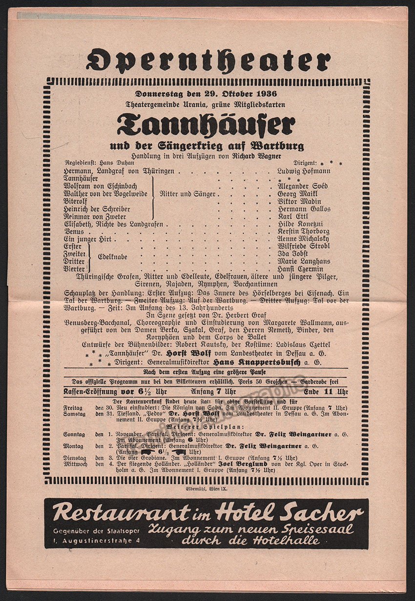 Knappertsbusch, Hans - Program Lot Vienna Opera 1936-1939 - Tamino