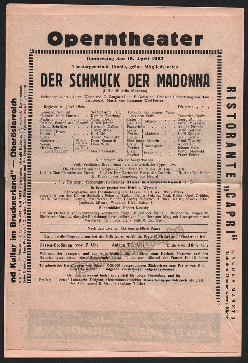 Knappertsbusch, Hans - Program Lot Vienna Opera 1936-1939 - Tamino