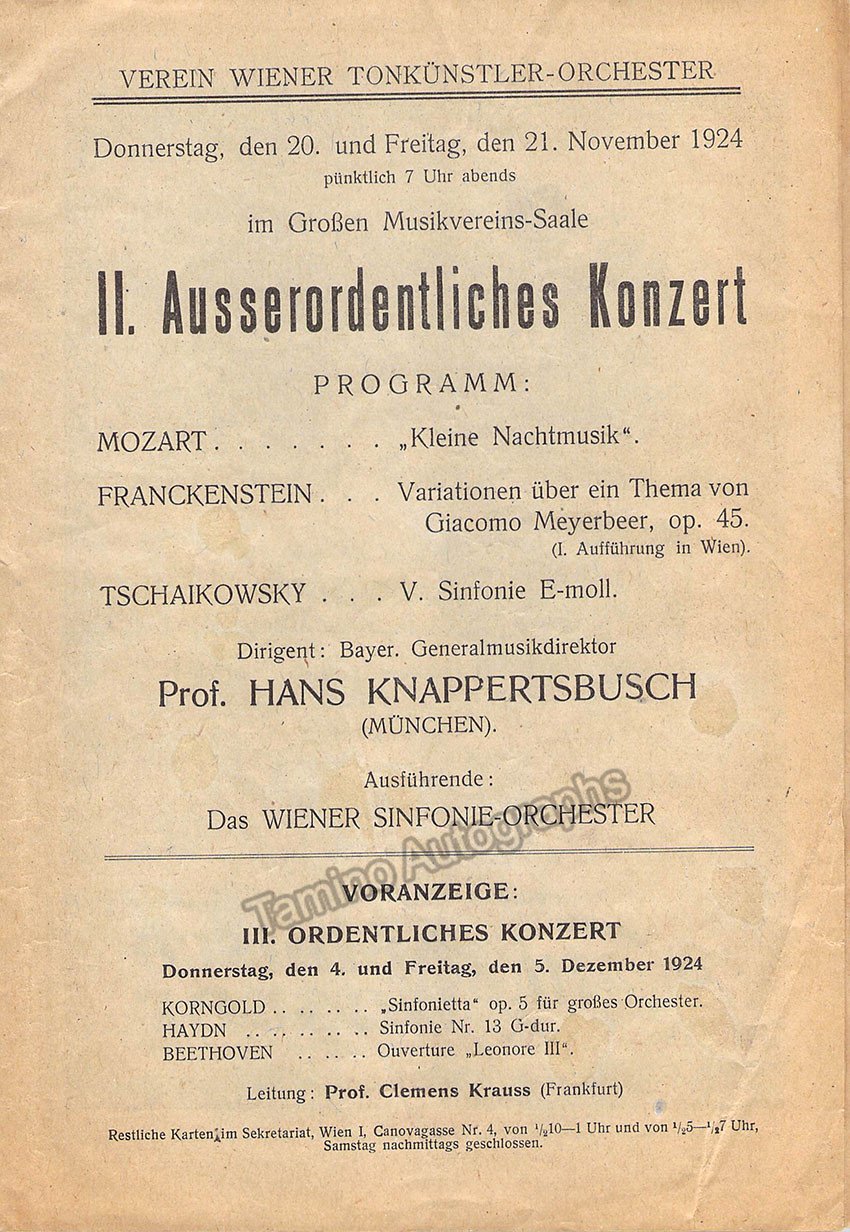 Knappertsbusch, Hans - Programs Wiener Tonkunstler Orchester 1924-27 - Tamino