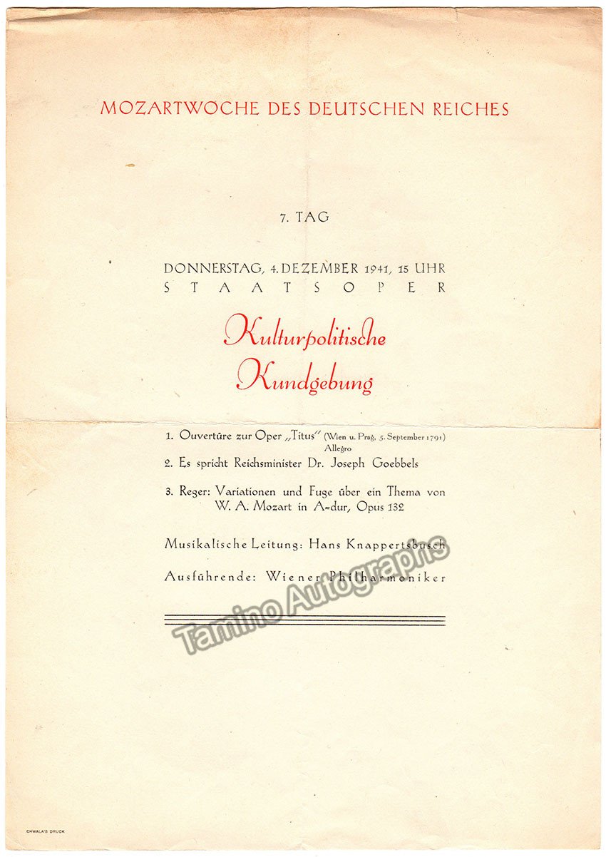 Knappertsbusch, Hans - Program Lot 1923-1942 - Tamino