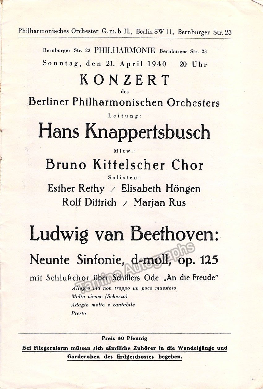 Knappertsbusch, Hans - Berlin Philharmonic Program 1940