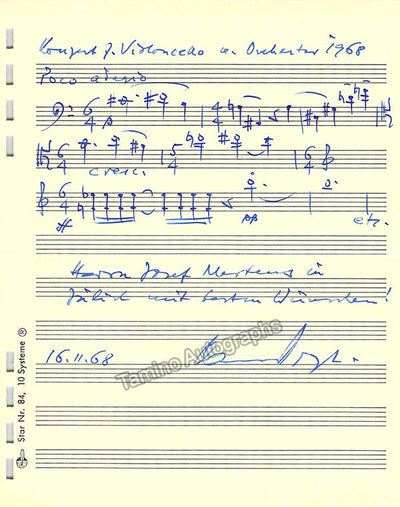 Vogt, Hans - Autograph Music Quote Signed 1968