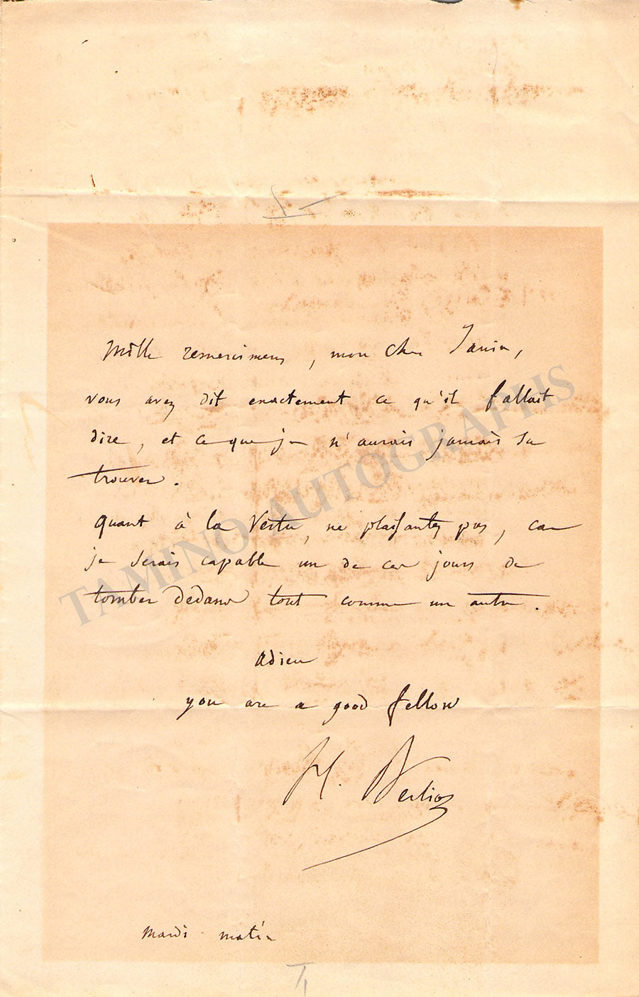 Hector Berlioz Autograph Note Signed