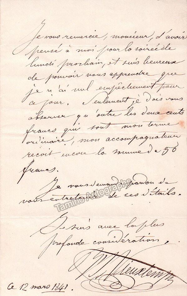 Vieuxtemps, Henri - Autograph Letter Signed 1841 - Tamino