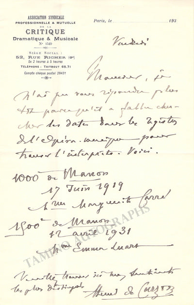 De Curzon, Henri - Autograph Letter Signed