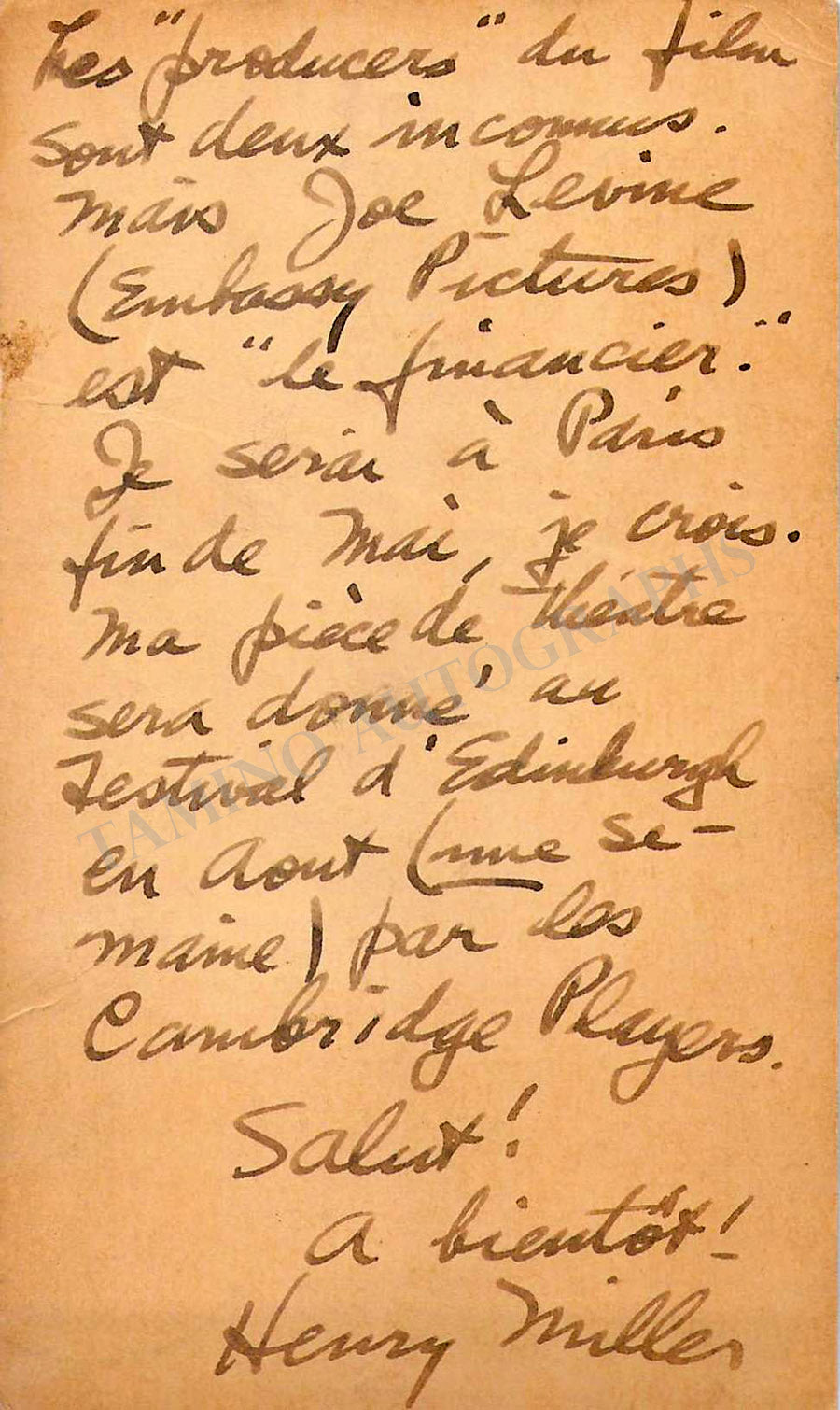 Henry Miller Autograph Note Signed – Tamino