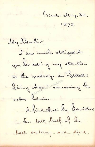 Longfellow, Henry W. - Autograph Letter Signed 1873