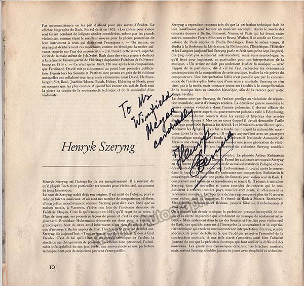 Szeryng, Henryk - Signed LP booklet