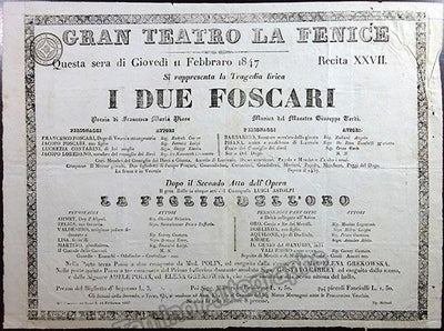 I Due Foscari - Vintage Playbill La Fenice 1847