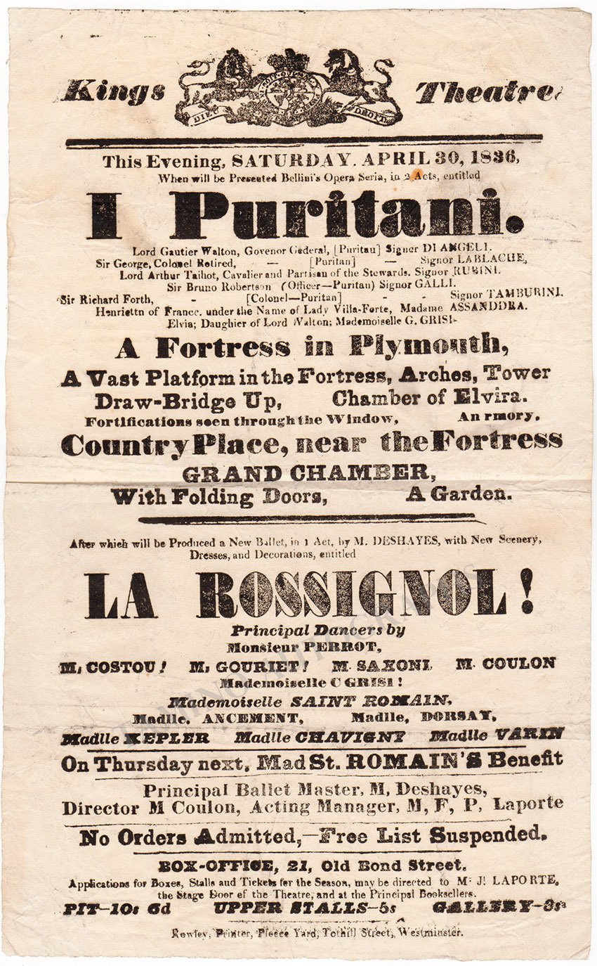 Kings Theatre 1836 Playbill - I Puritani with role creators