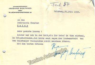 Seefried, Irmgard - Typed Note Signed