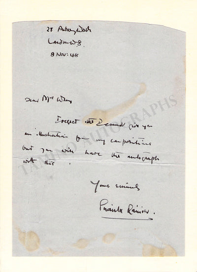 Priaulx Rainier, Ivy - Autograph Note Signed 1948