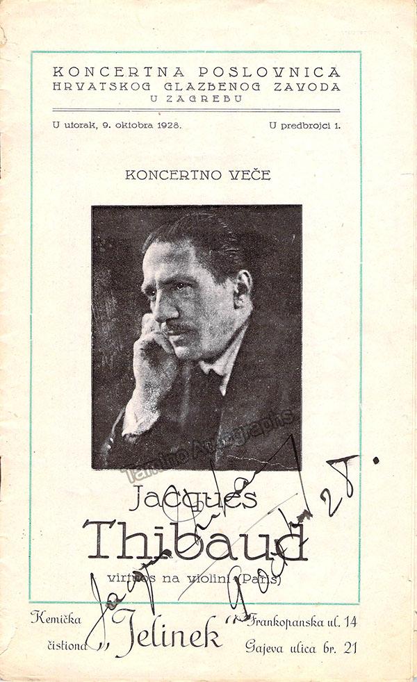 Thibaud, Jacques - Signed Program Zagreb 1928
