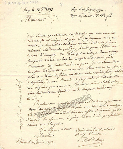 Vismes, Jacques de - Autograph Letter Signed 1792