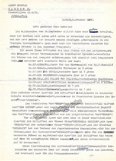 Gotovac, Jakov - Typed Letter Signed 1966