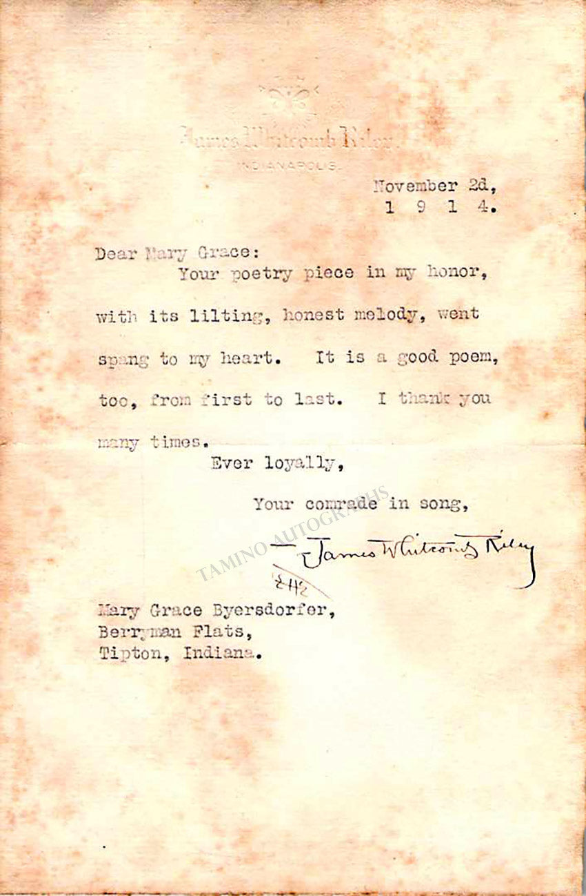 James Whitcomb Riley Signed Whitcomb Riley, James - Typed Letter Signed 1914