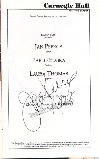 Peerce, Jan - Signed Program Carnegie Hall 1978