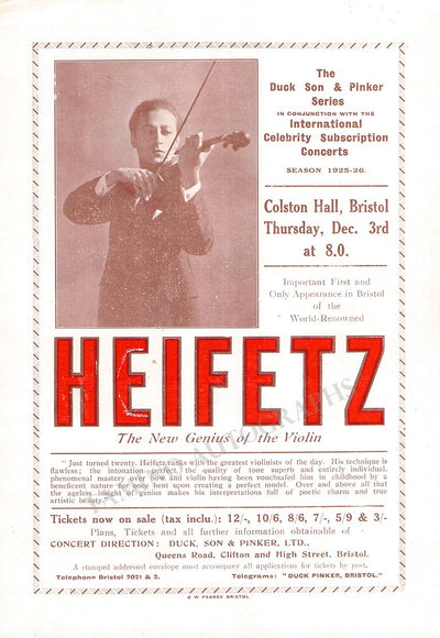 Heifetz, Jascha - Playbill Concert Bristol