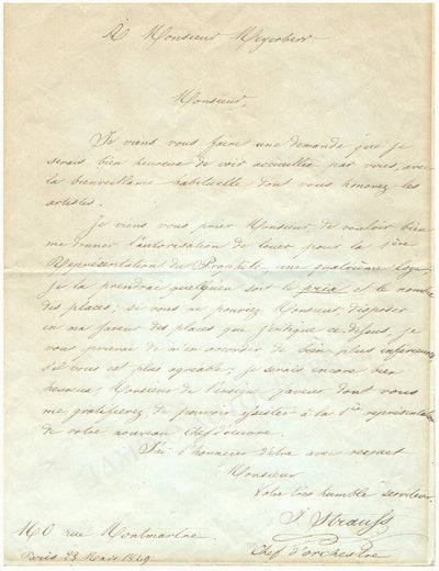 Strauss, Isaac - Autograph Letter to Meyerbeer Signed 1849