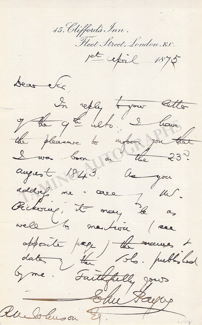 Payne, John - Autograph Letter Signed 1875