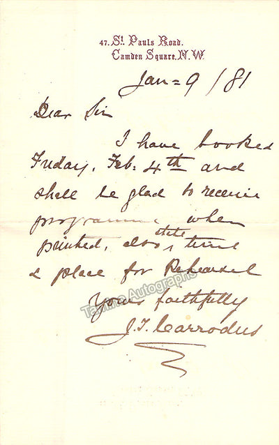 Carrodus, John Tiplady - 2 Autograph Notes Signed