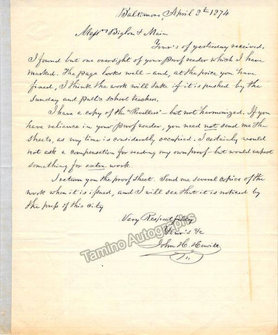 Hill Hewitt, John - Autograph Letter Signed 1874