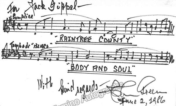 Green, Johnny - Autograph Music Quote Signed 1986