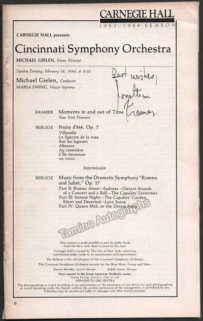 Kramer, Jonathan - Signed Program Carnegie Hall, New York, 1984