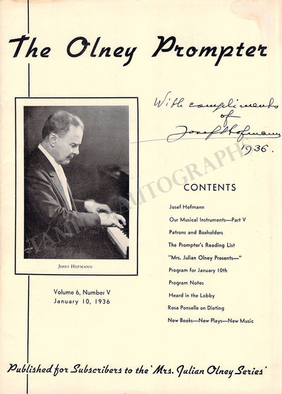 Hofmann, Josef - Signed Program New York 1936