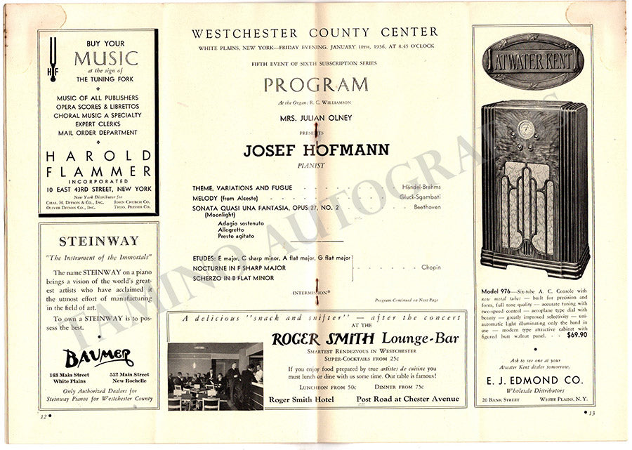 Hofmann, Josef - Signed Program New York 1936