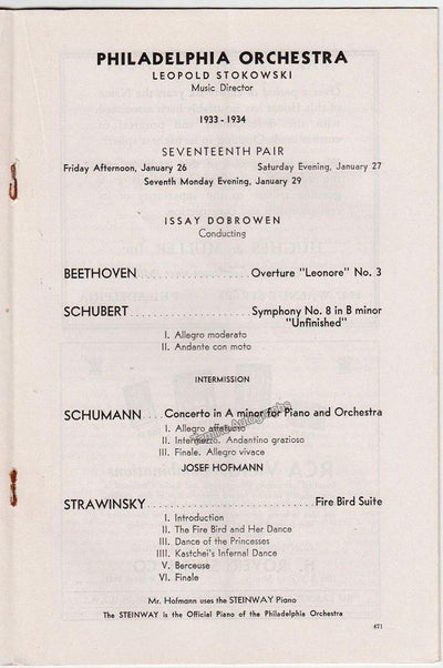 Hofmann, Josef - Concert Program Philadelphia 1934