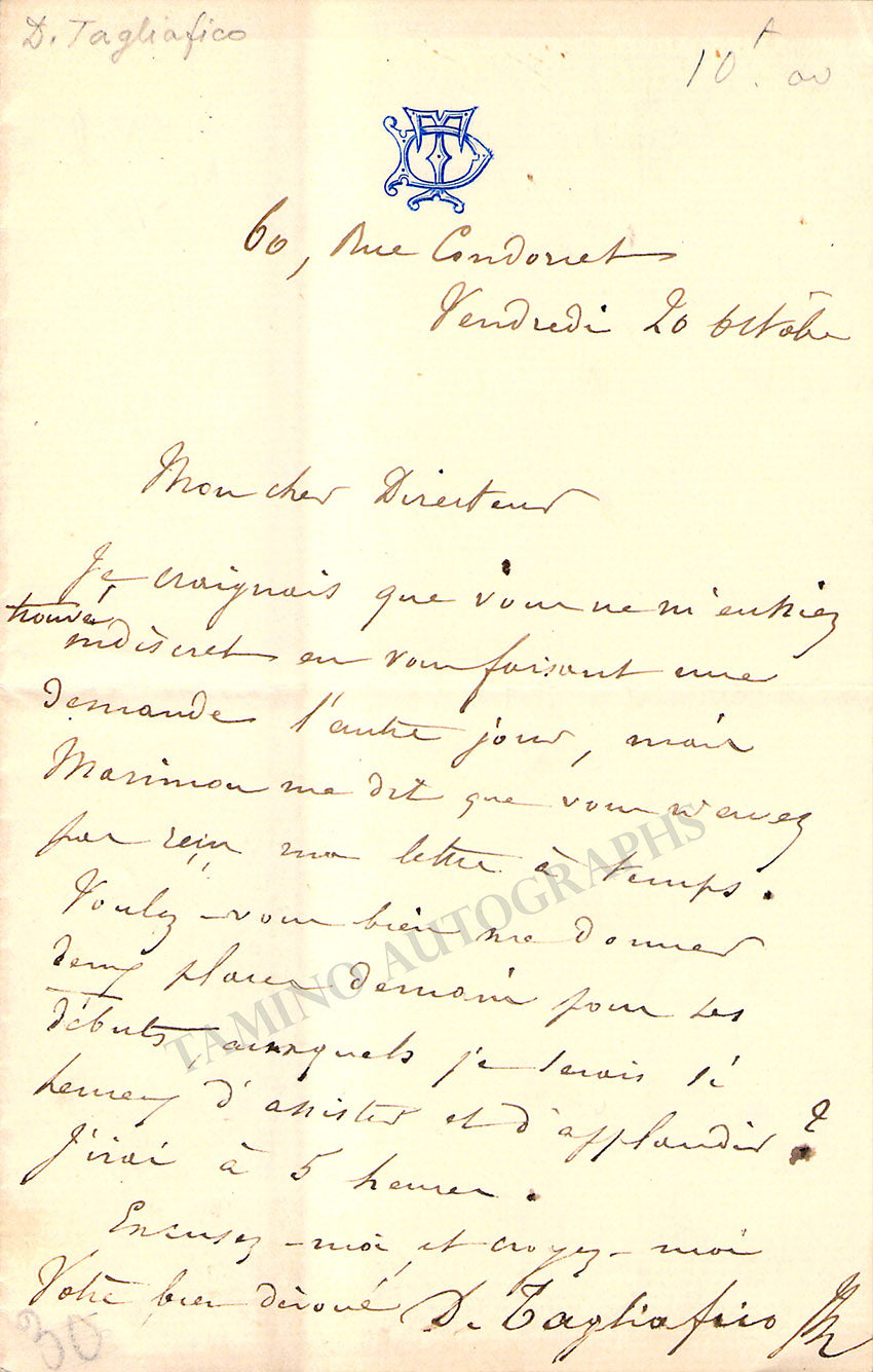 Tagliafico, Joseph Dieudonne - Autograph Letter Signed