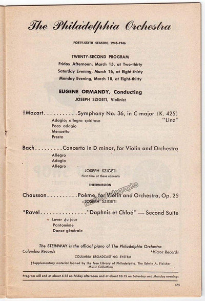 Szigeti, Joseph - Concert Program Philadelphia 1946