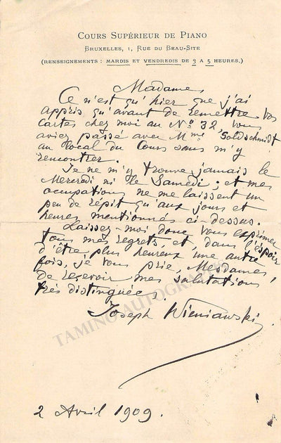 Wieniawski, Jozef - Autograph Letter Signed 1909