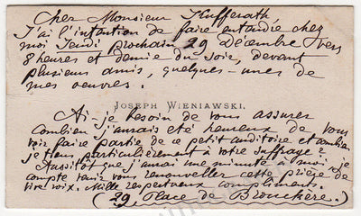 Wieniawski, Joseph - Autograph Note signed on his Card