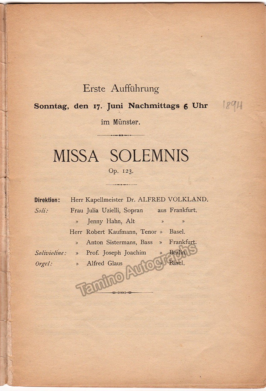 Joachim, Joseph - Autograph Note, Envelope and Program 1894 - Tamino
