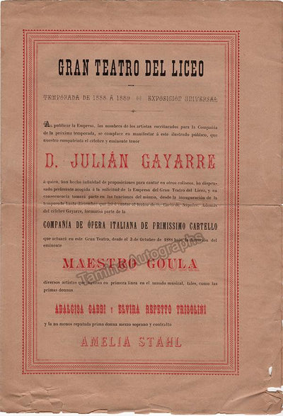 Gayarre, Julian - Performance Playbill Teatro del Liceo - Barcelona 1888-89