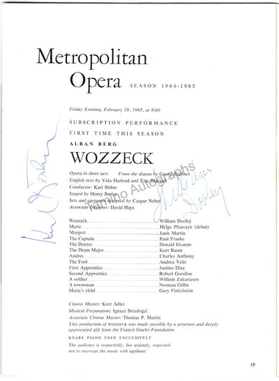 Bohm, Karl - Dooley, William - Double Signed Program Wozzeck 1965
