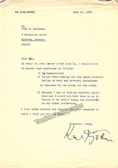 Bohm, Karl - Typed Letter Signed 1968
