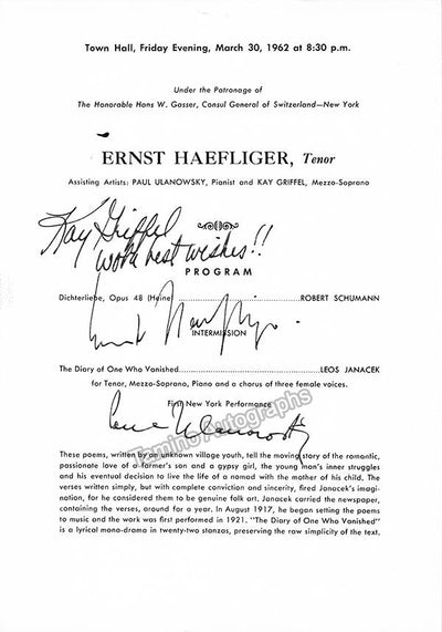 Griffel, Kay - Haefliger, Ernst - Ulanowsky, Paul - Triple Signed Concert Program 1962