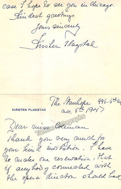 Flagstad, Kirsten - Autograph Note Signed 1947