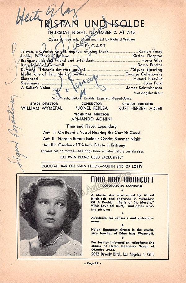 Flagstad, Kirsten - Vinay, Ramon - Bjoerling, Sigurd - Glaz, Herta - Signed Cast Page
