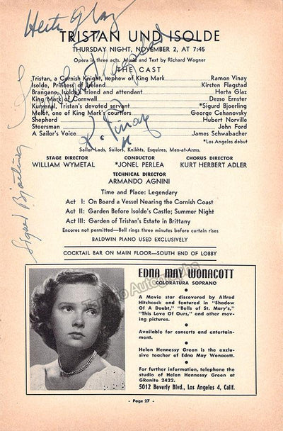 Flagstad, Kirsten - Vinay, Ramon - Bjoerling, Sigurd - Glaz, Herta - Signed Cast Page