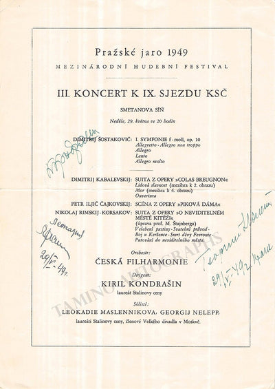 Kondrashin, Kiril - Masslenikova, Leokadie - Nelepp, Georgij - Signed Program Prague 1949