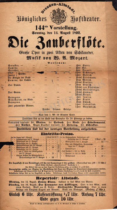 Die Zauberflöte - Playbill 1892 Dresden Theater